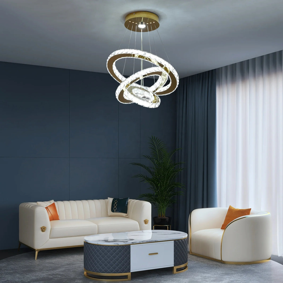 HOT SALE Villa Home Italian Modern Luxury Crystal Chandeliers Remote Switch Control Pendant Lights Geometric LED Chandelier for Living Room 3 Rings Hang Lamps Home Art Decor  Luxury Lighting Supplies