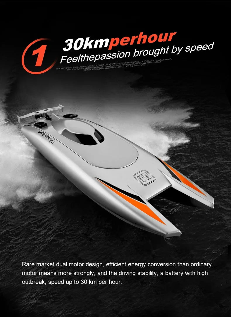 2.4G RC Silver/Black Color Boat 30Km/H High Speed 4 Channels Dual Motor 2CH Waterproof Remote Control Racing Ship Toy - 20Mins Battery for Kids & Adults River Lakes Sea Ocean Water Sports Supplies