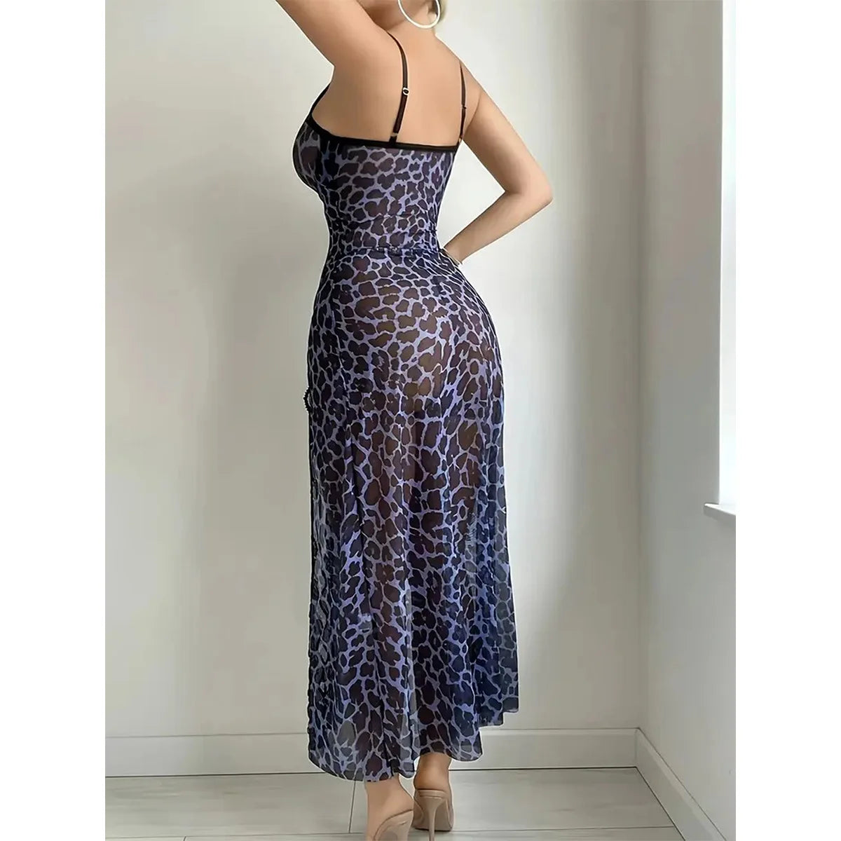 NEW Arrivals S-XL Size Blue/Brown Color Sexy Leopard Lace Mesh Long Sleeve V-Neck Home Sleepwear Set Strapless High Slit Comfortable Breathable Women Sexy Nightgown Nightdress
