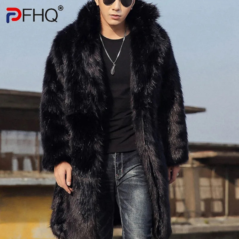 Winter New Men's Long Fox Hair Coat Fashion Handsome Trendy Casual Imitation Fur Thickened Windbreaker Clothes