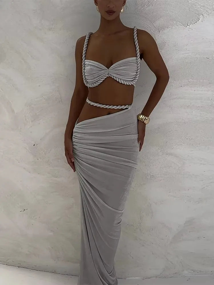 NEW 2PCS Set S-XL UK Size 12 Colors Italian Design Square Collar  Women Bra +Skinny Long Skirts Bandage Ruched  Summer Vacation Beach Party Trend Suits