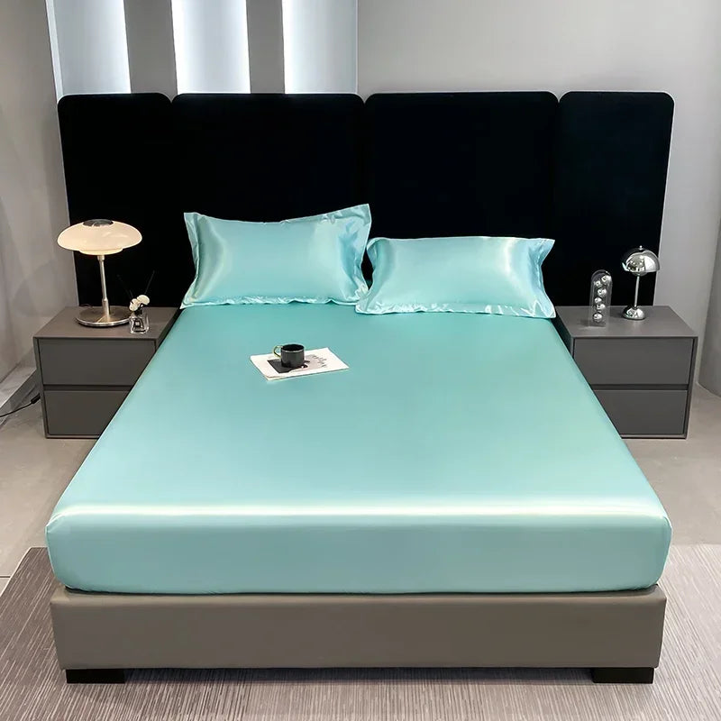 10 Colors Home Hotels Luxury Satin Waterproof Fitted Sheet Silky Solid Color Bed Sheet Breathable Elastic Band Sheets Smooth Bedsheet Mattress Cover