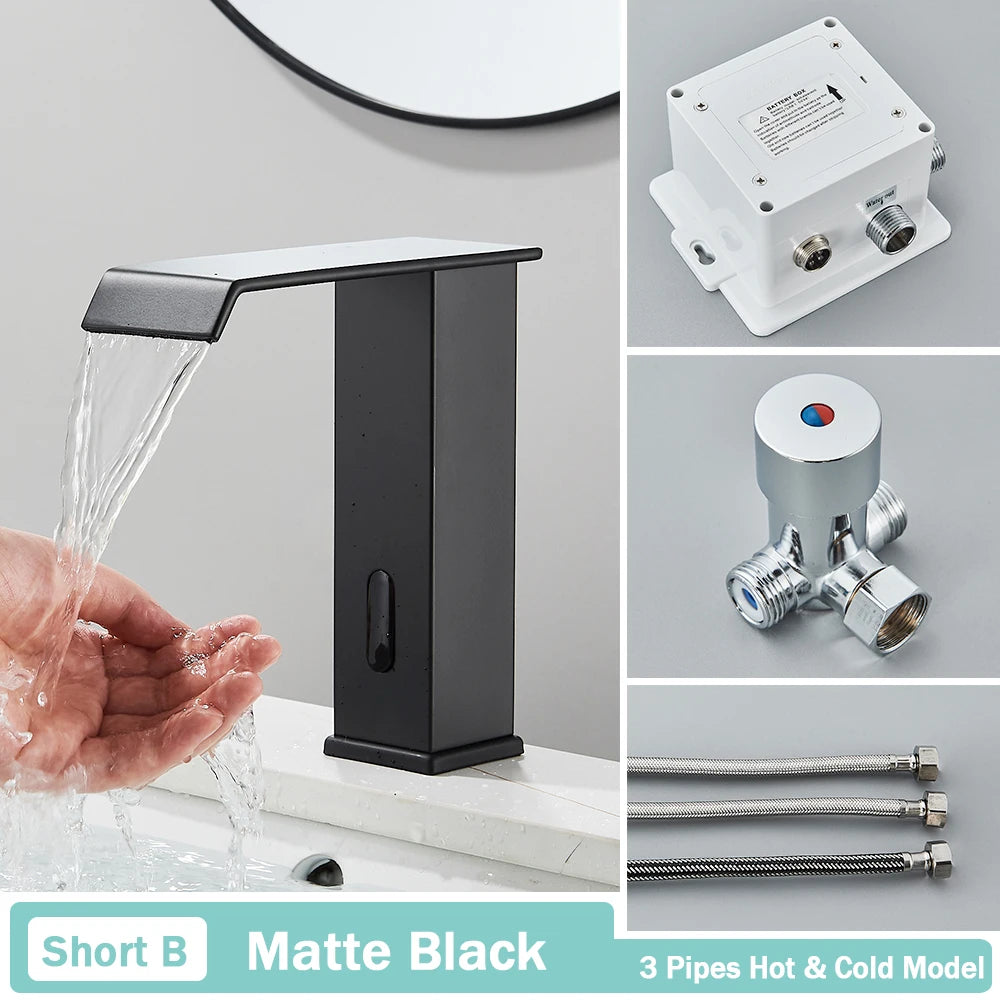 NEW Silver/Gold/ Black Color Luxury Smart Motion Sensor Bathroom Basin Faucet Touchless Automatic Sense Mixer Tap Waterfall Hot Cold Water Washbasin Crane Home Bathroom Accessories
