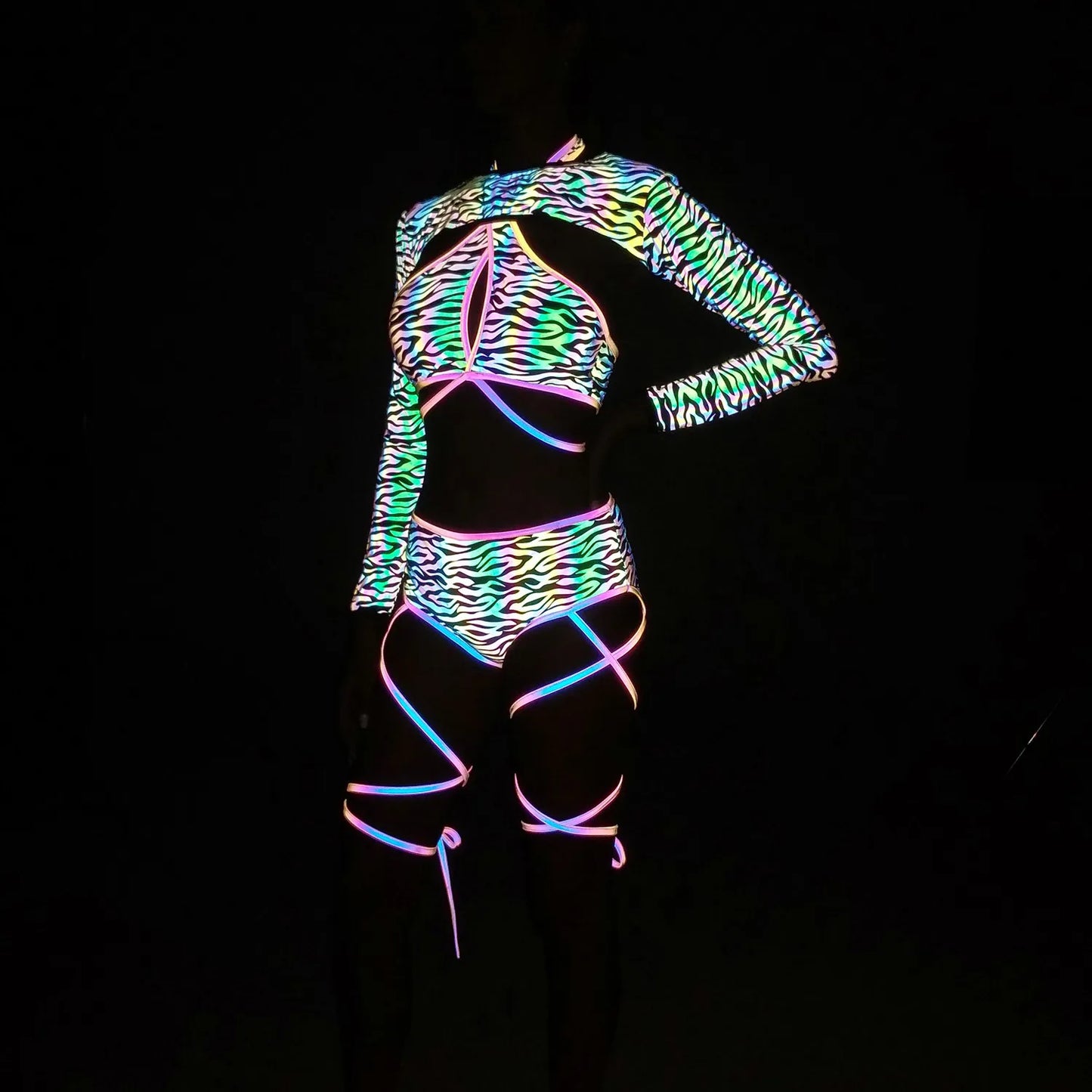 NEW Harajuku Rave Party Music Festival Night Clubwear Dancing Luminous Flashing Glowing Suit Set Fashion Women Colorful Reflective Set Bandage Shorts+Bra+Crop Top Tech Wear Fashion Clothing Supplies