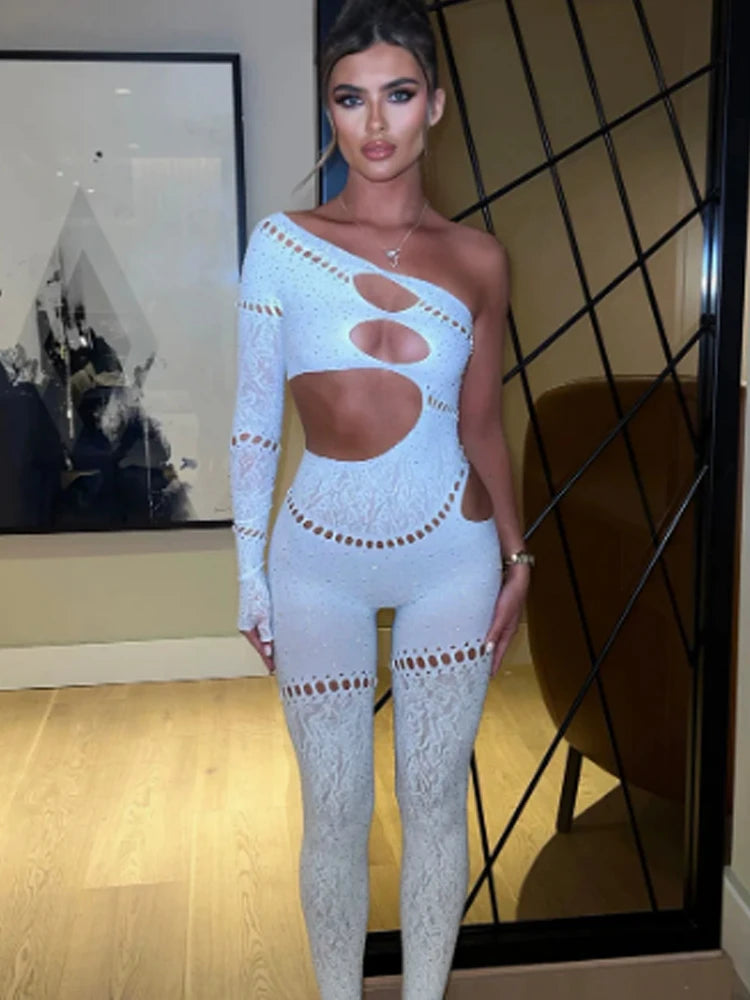 8 Colors Sexy Shine Rhinestones Jumpsuits Women Irregular Hollow Skew Collar Single Sleeve Hottie Sexy Coquettish Clubwear Overalls