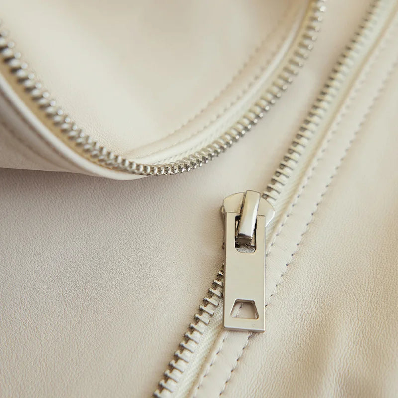 New Women's Motojacket Genuine Sheepskin Leather Jackets Lady Fashion Moto Biker Leather Coats Streetwear Zipper