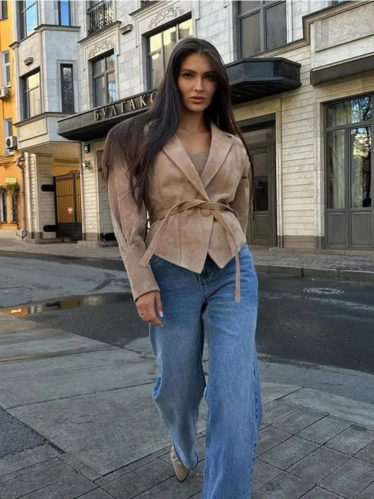 NEW Arrivals UK Size 3 Colors Women High Street Leather Jacket Versatile Brown Long Sleeves V-Neck Lace-Up Jacket Coats Winter Causal Chic Female Outwear