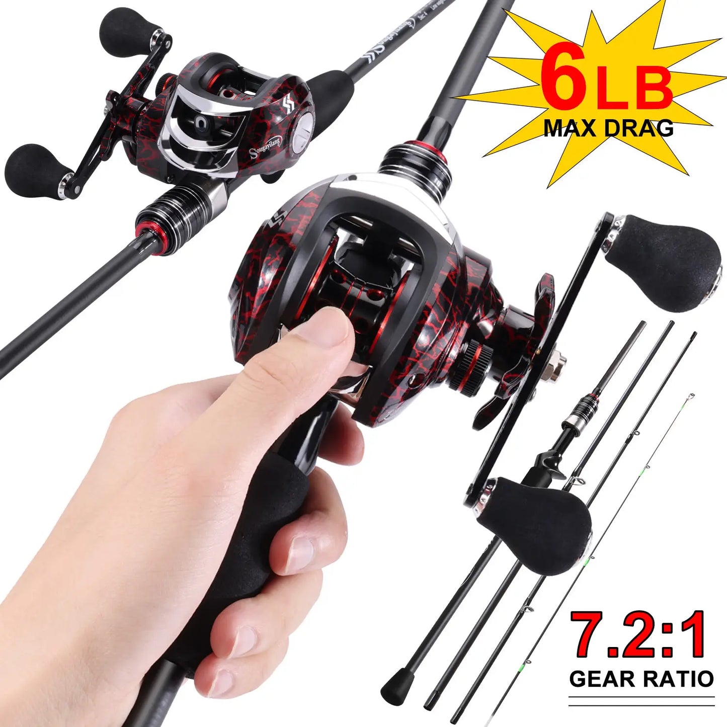 NEW Fishing Set Left/Right  Lure Rod Fishing Combo 2.1m 4 Section Carbon Fiber Rod 7.2:1 Gear Ratio Magnetic Brake System Fishing Left/Right Reel Fishing Kit Ocean Lake River Professional Fishing Supplies