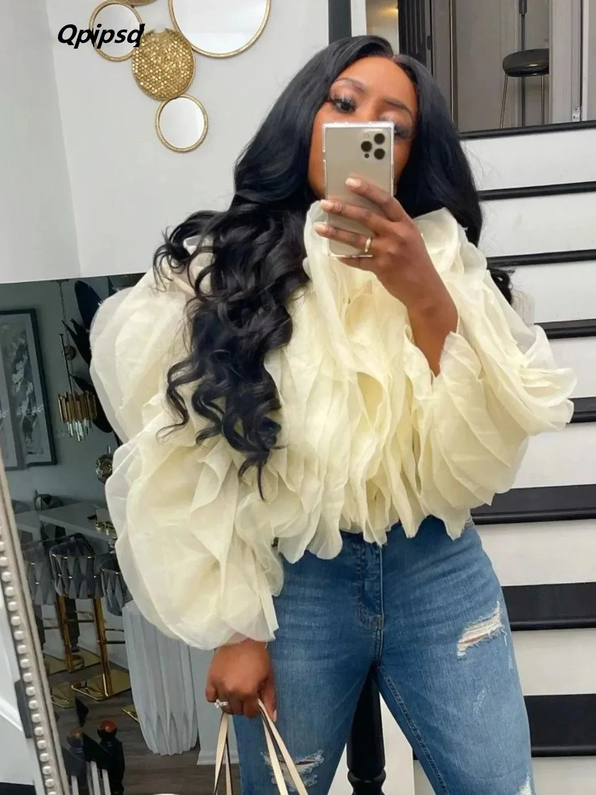 NEW S-3XL UK Plus Size Pink/Khaki Color Women Cascading Petal Chiffon Blouse Sexy Streetwear Cropped Top 2025 Summer Elegant Chic Shirt Ruffled Layered Puff Sleeve Outfits