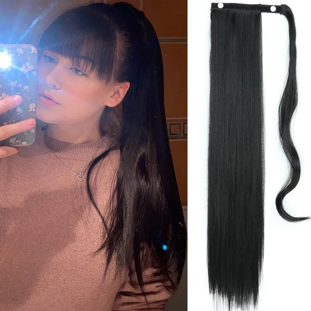 NEW  Synthetic Long Straight Wrap Around Clip In Ponytail Hair Extension Can Be Permed Heat Resistant Pony Tail Fake Hair