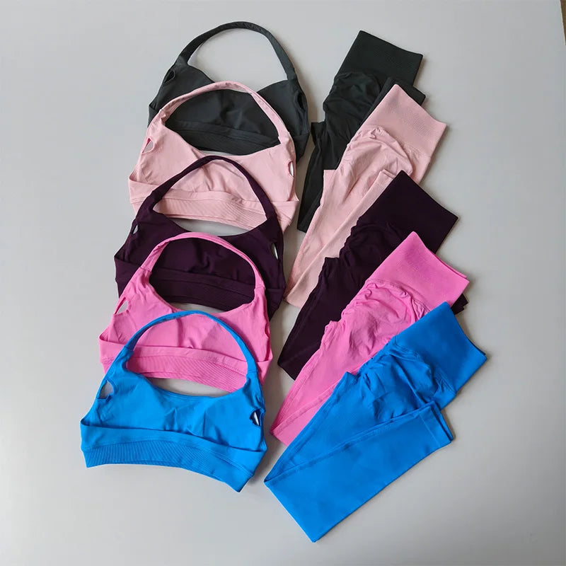 2 PCS Set 12 Colors Sports Suit Women's Running Seamless Yoga Thin Straps Beautiful Back Fitness Bras Gym High-waisted Peach Leggings Sets
