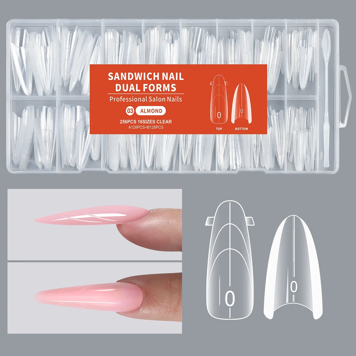 256 PCS Set 16 Size Long Coffin Sandwich Nail Dual Forms Almond Stiletto Square Nail Mold for Quick Nail Extension 16size Sandwich Nails Form