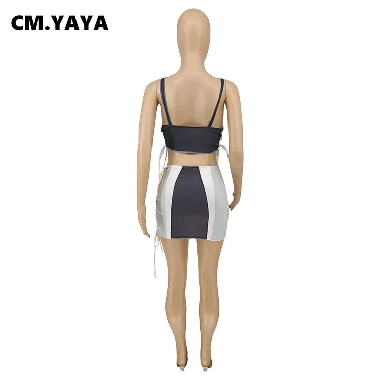 NEW Arrivals 2PCS Set S-2XL Women Set Patchwork Strap Crop Tops Bandage Hollow Out Skinny Mini Skirts Two 2 Piece Sets Tracksuit Sexy Outfit Summer Evening Beach Party Night Clubwear