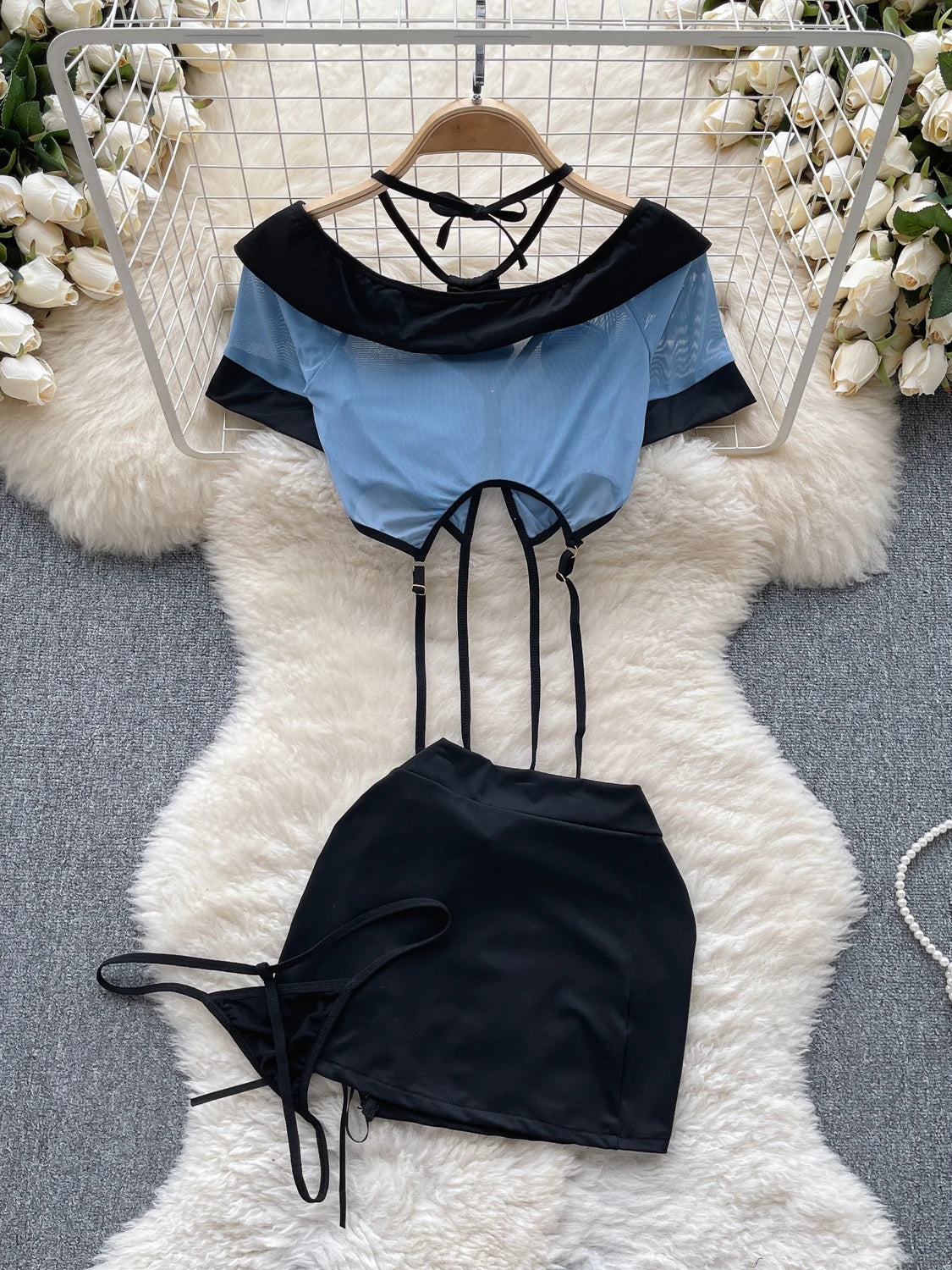 Women Preppy Style Sexy Uniform Sets 2024 V Neck Sheer Top+Lace Up Mini Skirt+Thongs Hollow Out Cosplay Porn Suits