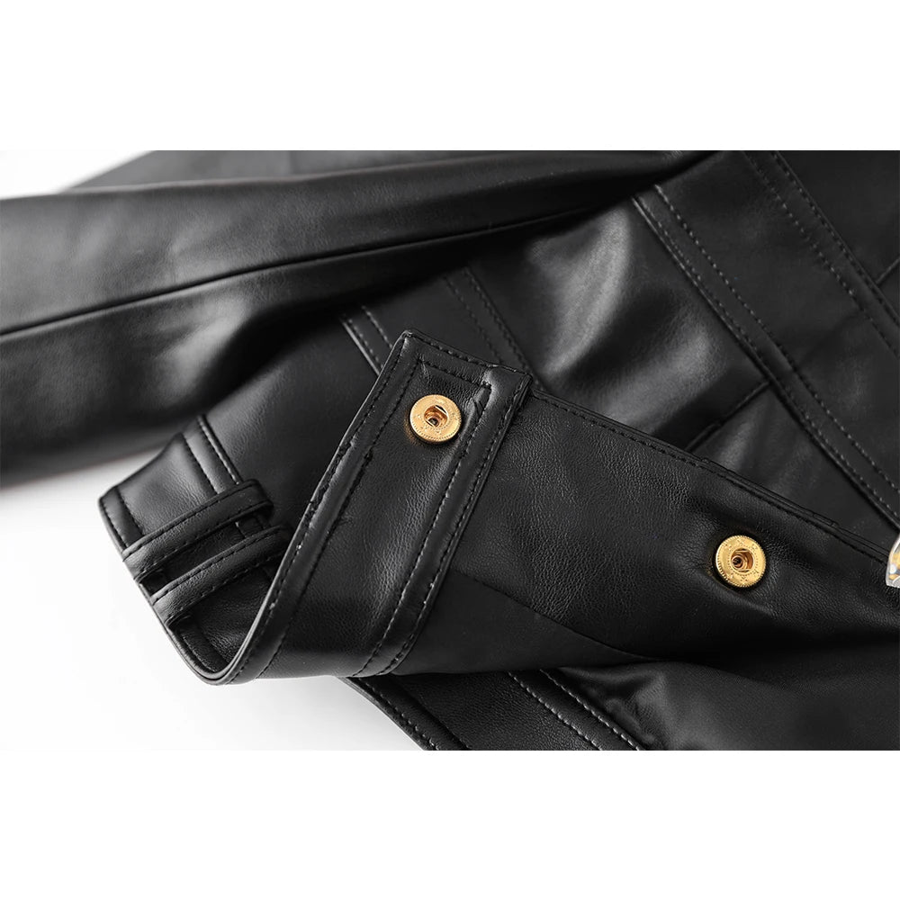 Cool Black Block Leather Slim Short Jacket Casual Buttons Full Sleeve Shoulder Pad O Neck Women Coat
