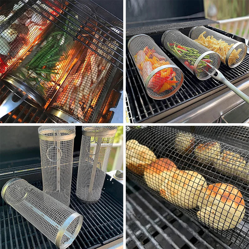 BBQ Basket Stainless Steel Rolling Grilling Basket Wire Mesh Cylinder Grill Basket Portable Round Outdoor Camping Barbeque Rack