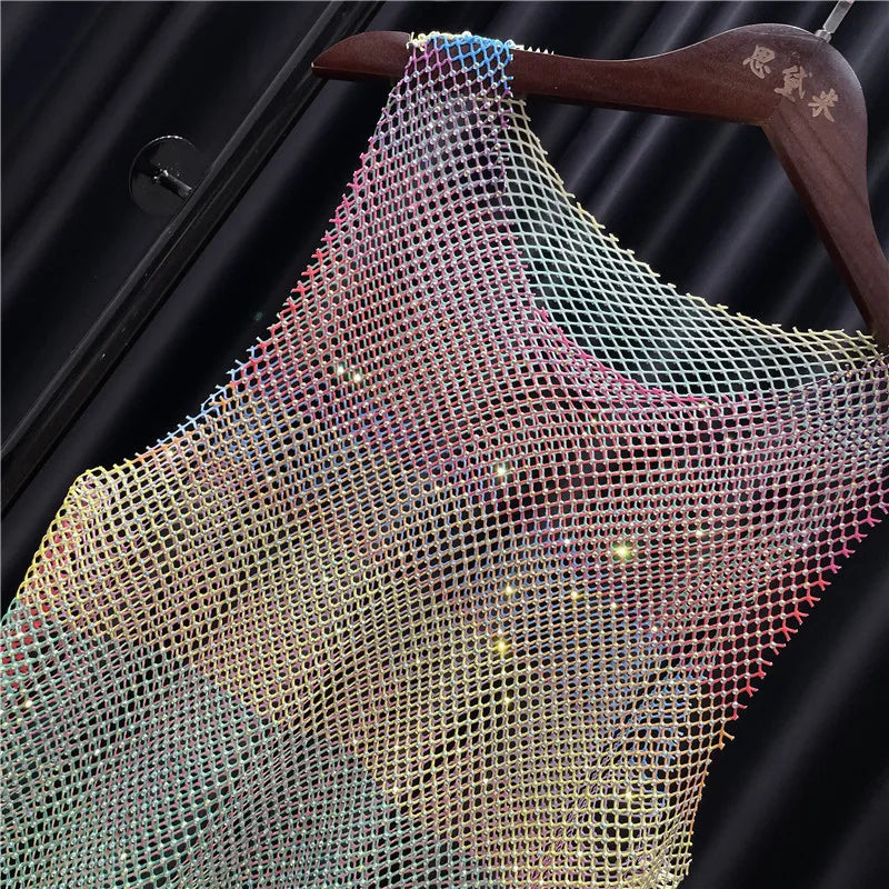 Bright Diamond Rainbow Y2K Vest Dress Hollow Color Rhinestones See-through Mesh Dress Women Neon Color Cllub Shift Dress