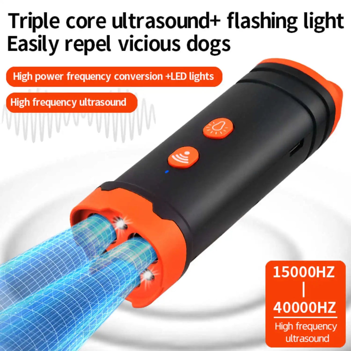 Ultrasonic Dog Repellent with LED Light Tri-core High Power Portable Handheld Ultrasonic Dog Trainer Repels Large Vicious Dogs