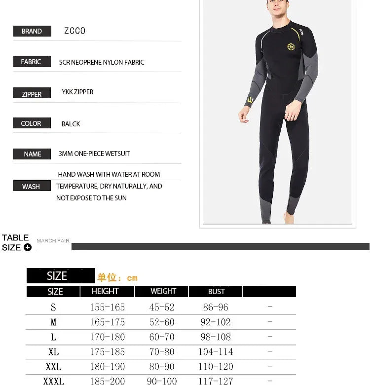 3MM Neoprene Professional Wetsuits S-4XL Extra Plus Size Full Body Scuba Diving Suit Men Snorkeling Surfing Swimming Long Sleeve Keep Warm Water Wetsuits Water Sports Apparel Supplies