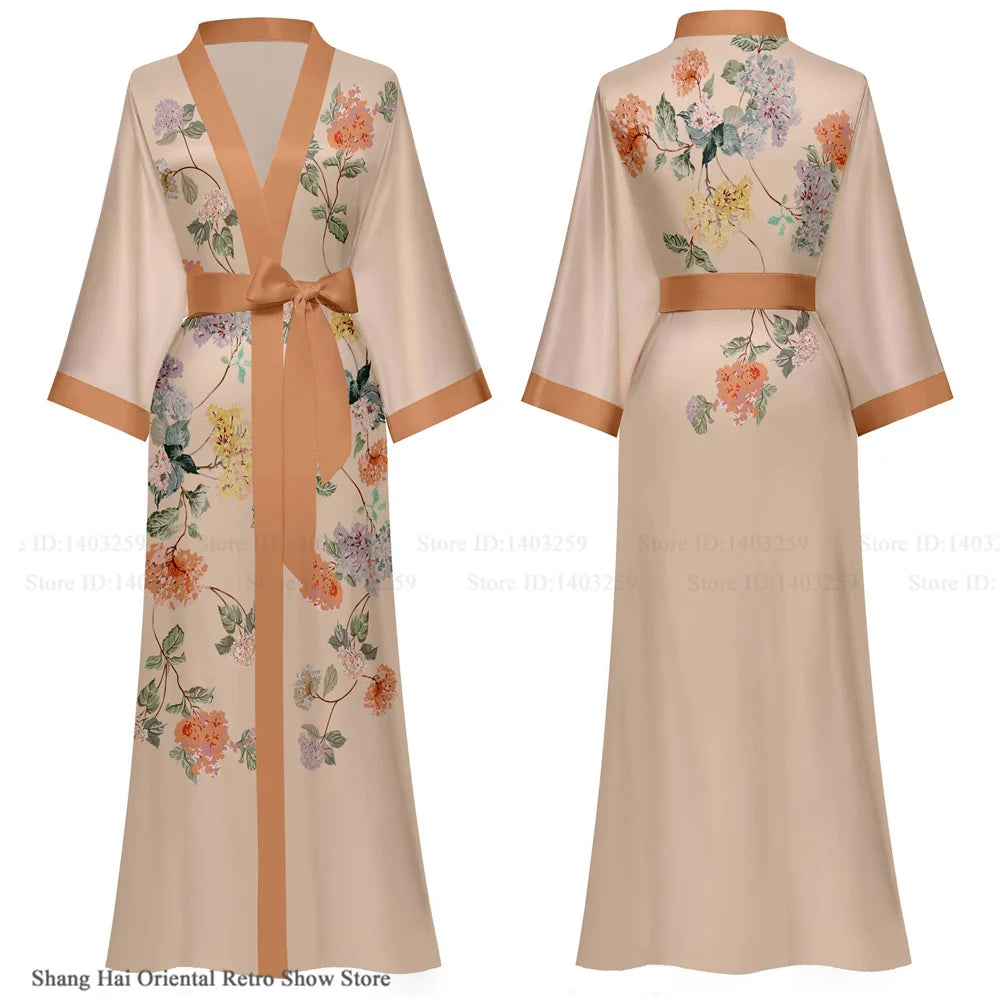 NEW Luxury Japanese Silk Elegant Flower Women Long Robe Loungewear Silky Satin Kimono Bathrobe Gown Spring Autumn New Sleepwear Home Dress Negligee