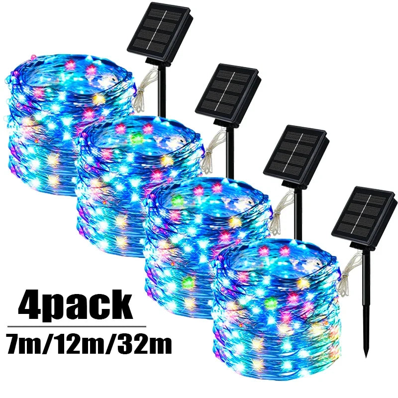 4 PCS Set 22m-200LEDS Outdoor Solar String Light LED Fairy Garland Copper Wire Light Garden Yard Party Christmas Decoration Lamp 8 Mode