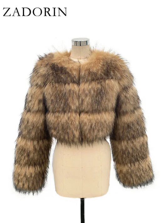 NEW Arrivals S-6XL High Quality Cropped Faux Raccoon Fur Coat Women Winter Warm Snow Outwear Fashion O Neck Long Sleeve Fluffy Short Faux Fur Jacket Crop Top Ladies Girls Luxury Fashion Clothing Supplies