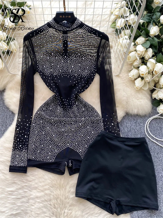 NEW S-2XL UK Plus Size Apricot/Black Color Summer Thin Sheer Sexy Viscose Bodysuit Long Sleeve Zipper With Shorts Design Rompers Beadings Streetwear Women Mesh Playsuits