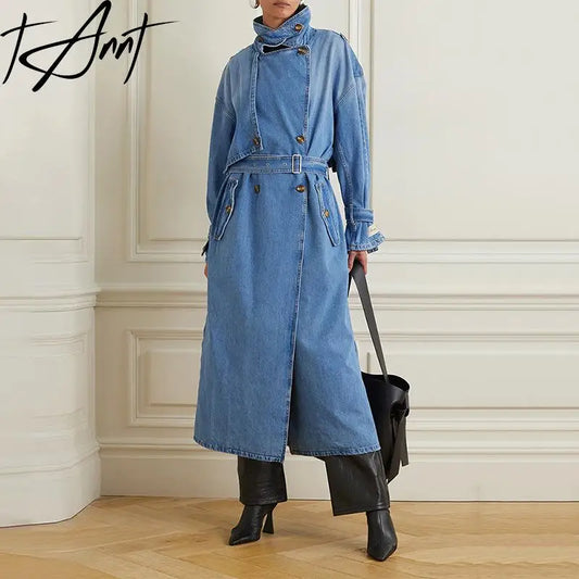 Tannt Women Trench Coat Double Breasted Bandages Denim Windbreaker Coats Fashion Vintage Long Winter Overcoat For Women 2023 New