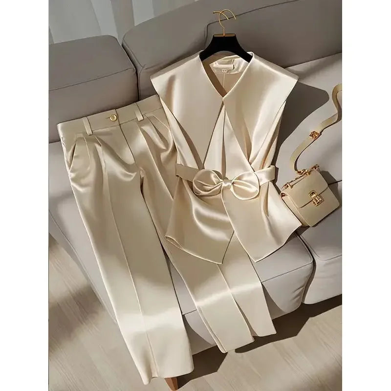 NEW 2PCS Set S-XL Italian Fashion Women Satin Celebrity Outfits Elegant OL Peter Pan Collar Bow Sleeveless Vest + High Waist Wide Leg Pants Ladies Business Trip Office Lady Formal Luxury Fashion Clothing Supplies