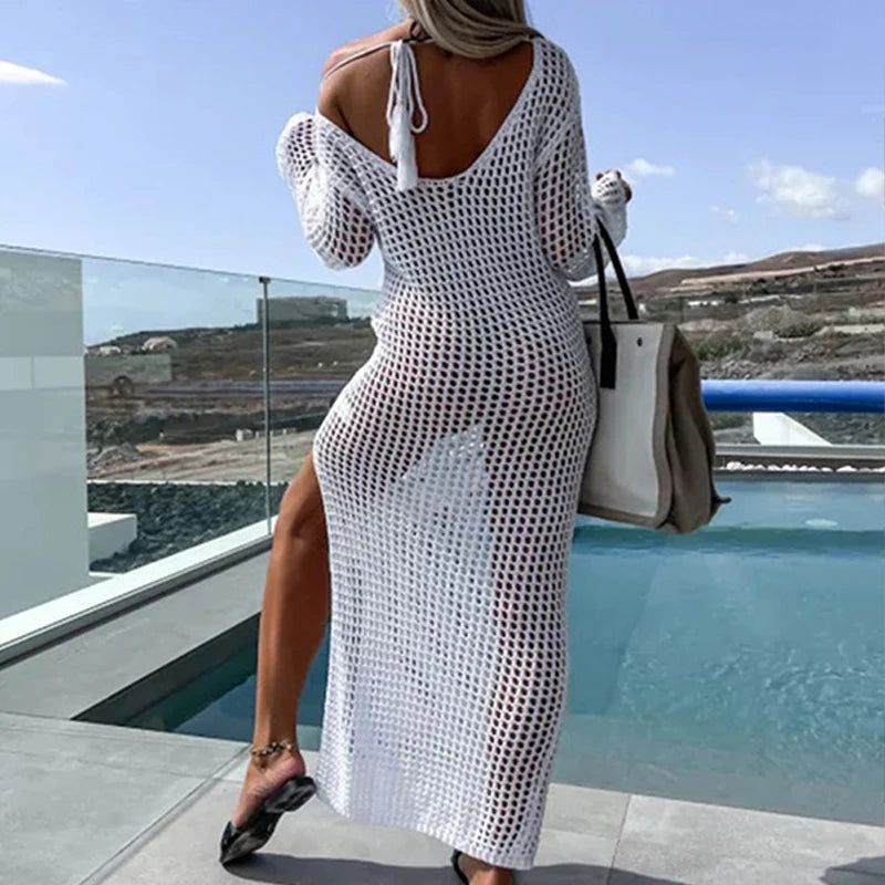 NEW Arrivals 5 Colors Sexy Casual Women's Beach Holiday Style Fishing Net Hollow Crew Neck Long-sleeved Bikini Swimsuit Fishnet Cover Up Split Maxi Dress