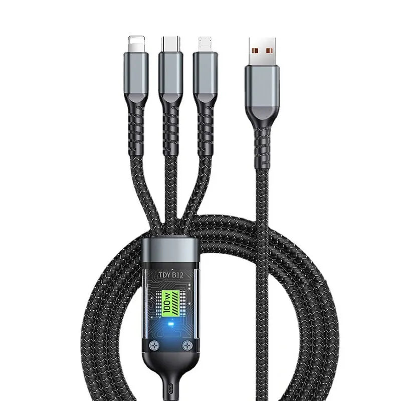 3 In 1 100w Transparent Fast Charging Cable Type C USB Micro For iPhone Samsung Huawei Xiaomi Pilot Lamp Charger USB C 6A