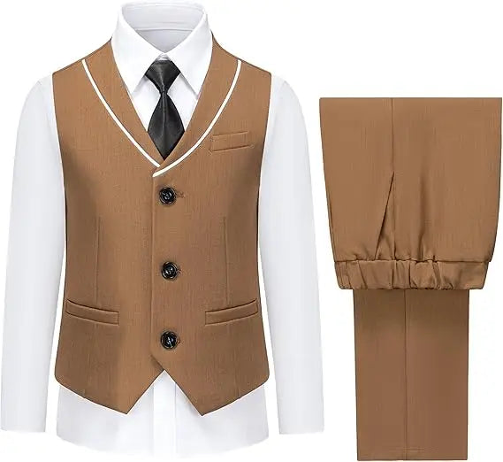3 PCS Set 10 Colors Boys Kids Vest and Pants Set + Tie + Bowtie Formal Dress Suit Teen Boy Wedding Guest Evening Birthday Party Communion Outfit Kids Piano Host Performance Costume