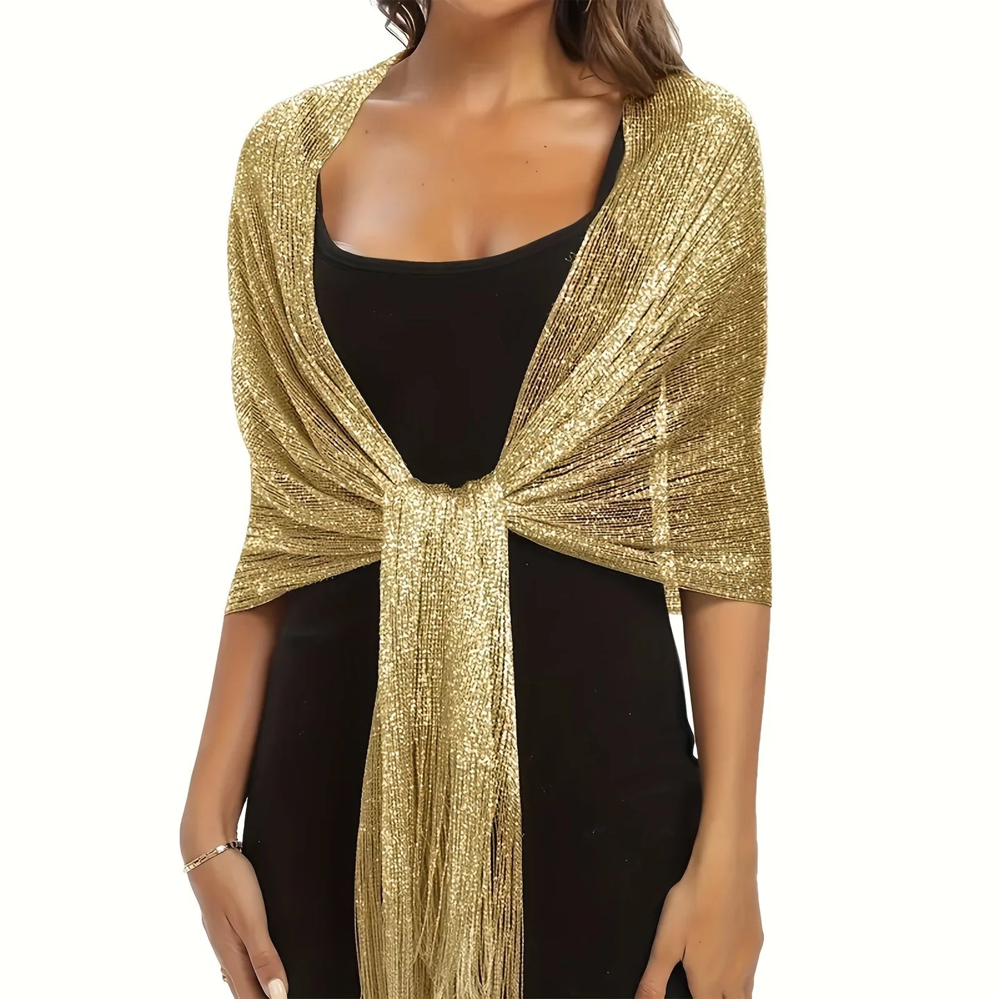 NEW Arrivals Black/Gold Fashion Bright Silk Sunscreen Shawl Hijab Gold  Shiny Scarves For Women Lace Tassel Party Evening Dress Scarf