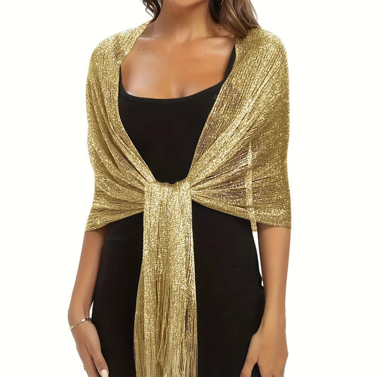 NEW Arrivals Black/Gold Fashion Bright Silk Sunscreen Shawl Hijab Gold  Shiny Scarves For Women Lace Tassel Party Evening Dress Scarf