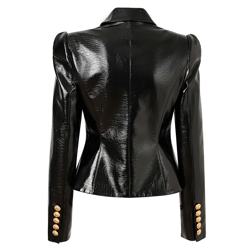 Latest Design Smooth Pu Leather Black Quality Blazer Double Breasted Buttons Women Fashion Jackets