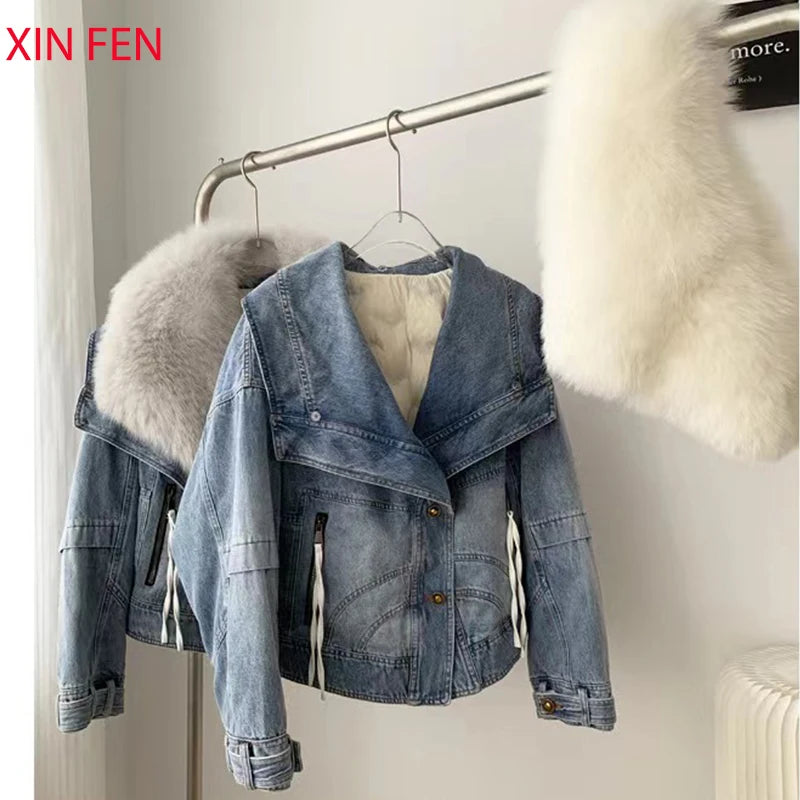 Winter Women New Luxury Natural True Fox Fur Big Collar Goose Down Denim Down Jackets Short Warm Casual  Jacket Coat
