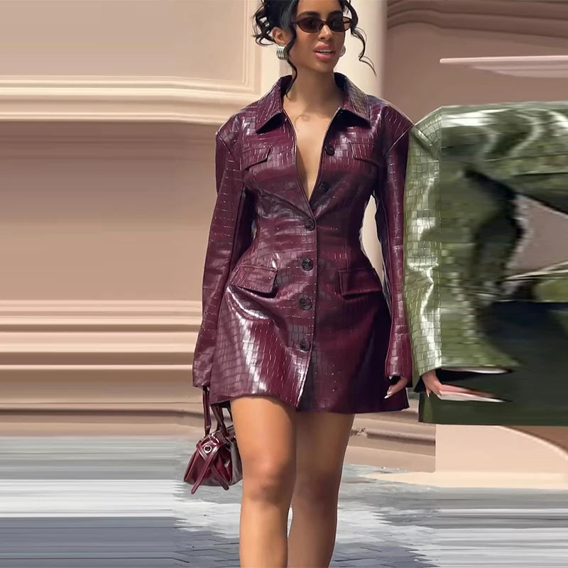 S-XL UK Size  Spring New Leather Blazer Mini Dress For Women Chic Lapel Long Sleeve Pockets Suit Jacket Lady Chic Single Breasted Outwear