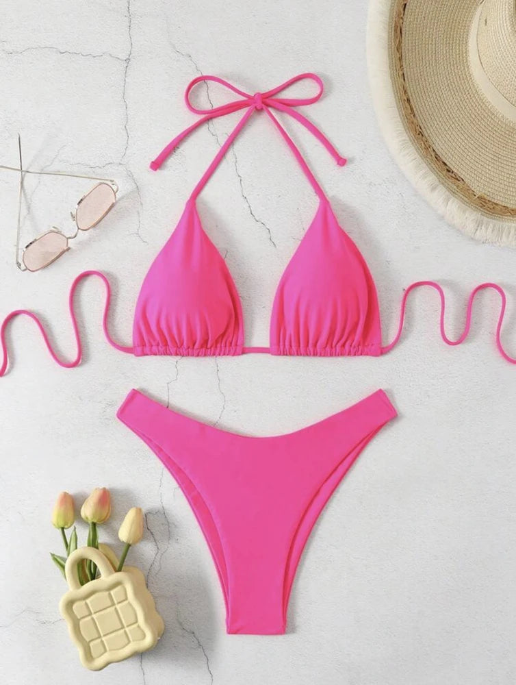 2 PCS Set UK 8-16 Size (S-XL)  8 Colors Women Thong Bikini Sexy Solid White/Black/Coffee Halter Swimsuit Lace Up Brazilian Bathing Suit New Double Fabric Beachwear
