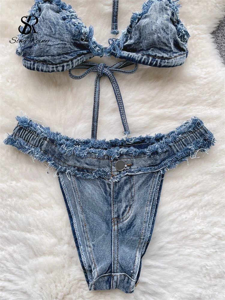 SINGREINY Beach Sensual Denim Sets Women Halter Straps Camis+Raw Edge Mini Briefs Underwear Fashion Lingerie Retro Erotic Suits