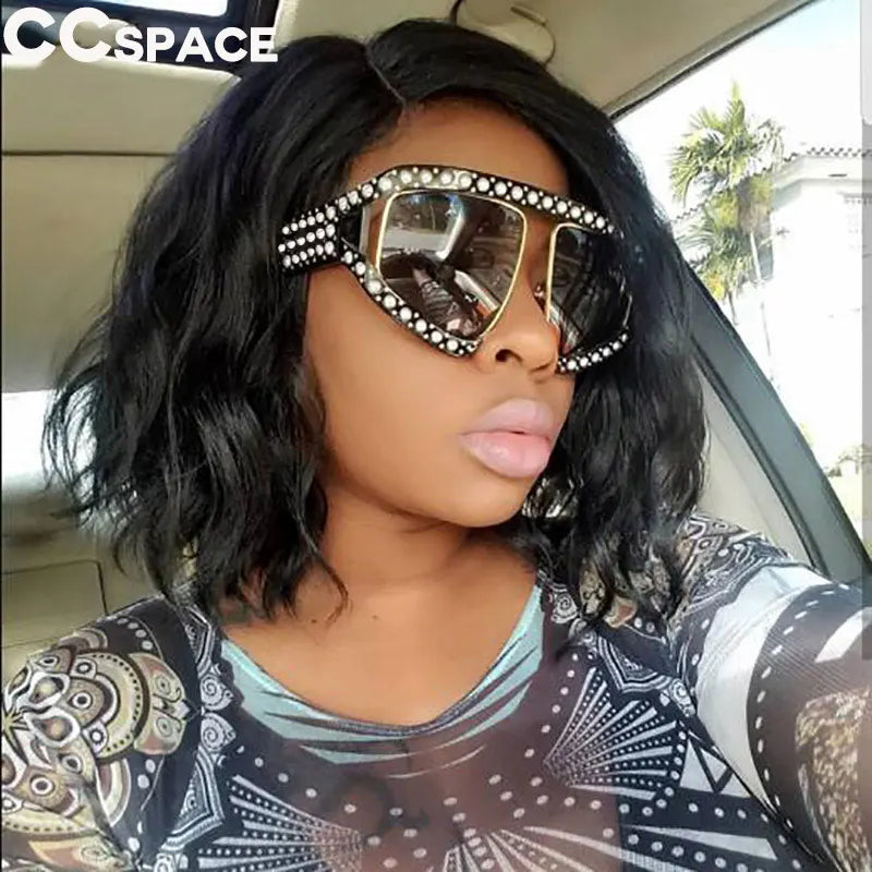 Luxury Space 45448 Goggles Sunglasses Women Luxury Shades Pearl Glasses Frame Red Mirror Glasses Oversized UV400 Brand Glasses Female Eyewear Supplies Sunglasses Products
