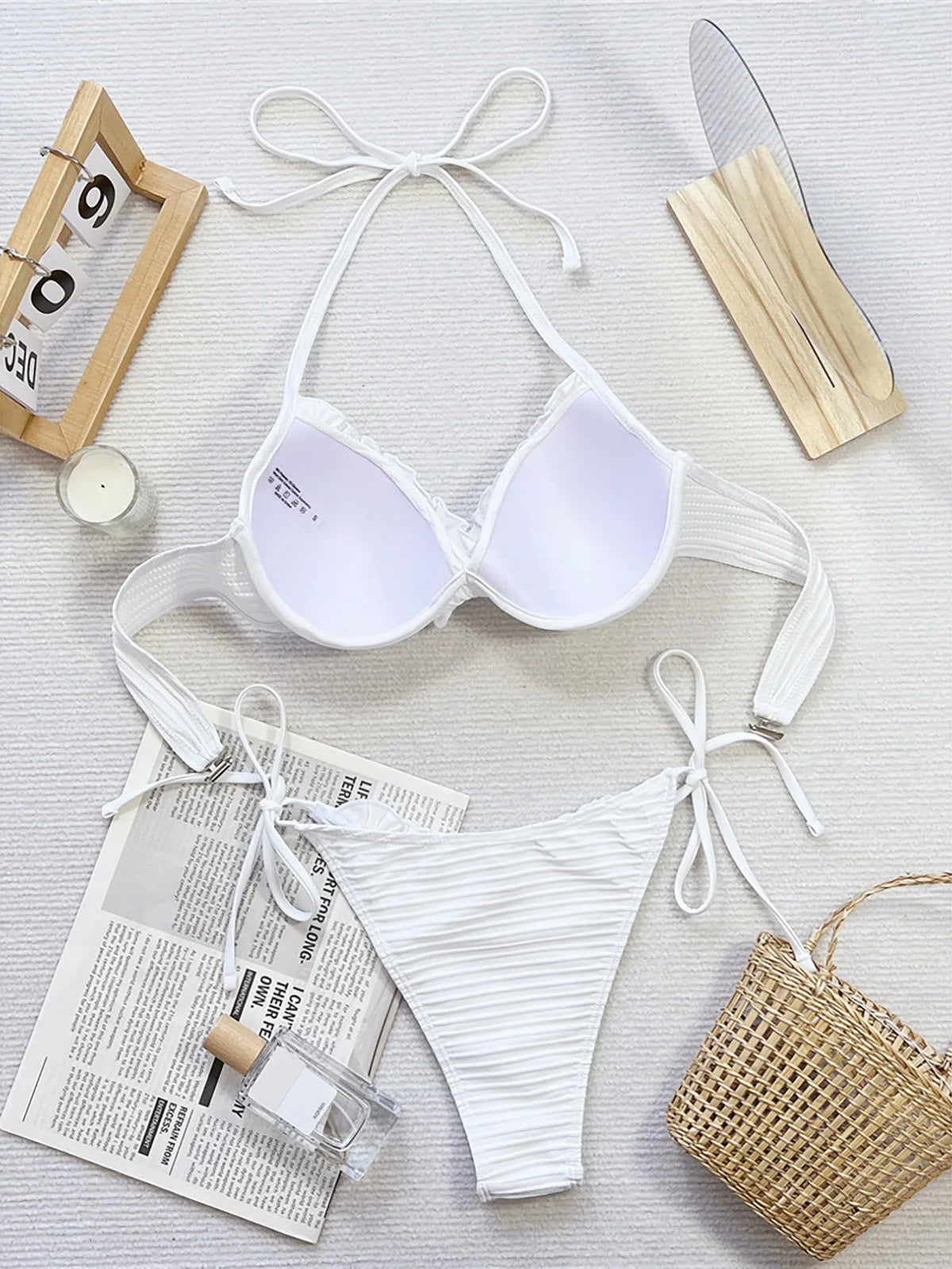 NEW 2PCS Set Halter Frilled Underwired Bra Cup Bikini Women White Swimwear Female Swimsuit Bikini Set Bather Bathing Suit Swim K5837
