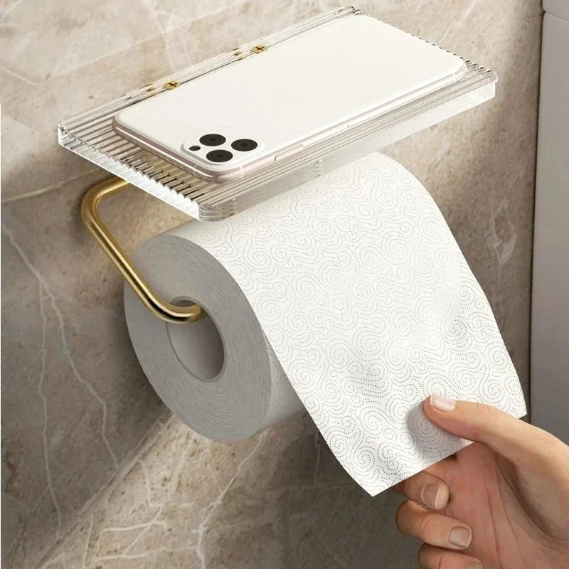 Light Luxury Bathroom Roll Paper Holder Tissue Box Free Punching Wall Hanging Toilet Organizer Phone Stand Bathroom Accessories