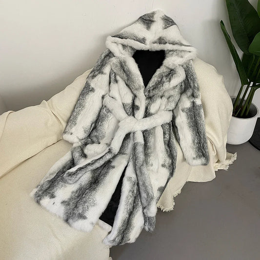 New S-3XL  Real Fox Fur Women Coat Autumn Winter Luxurious Fur Thickened Warm Hooded Real Rabbit Fur Coat Women Long Natural Fur Coat Winter Snow Streetwear Outerwear Coats Female Ladies Girls Luxury Fashion Clothing
