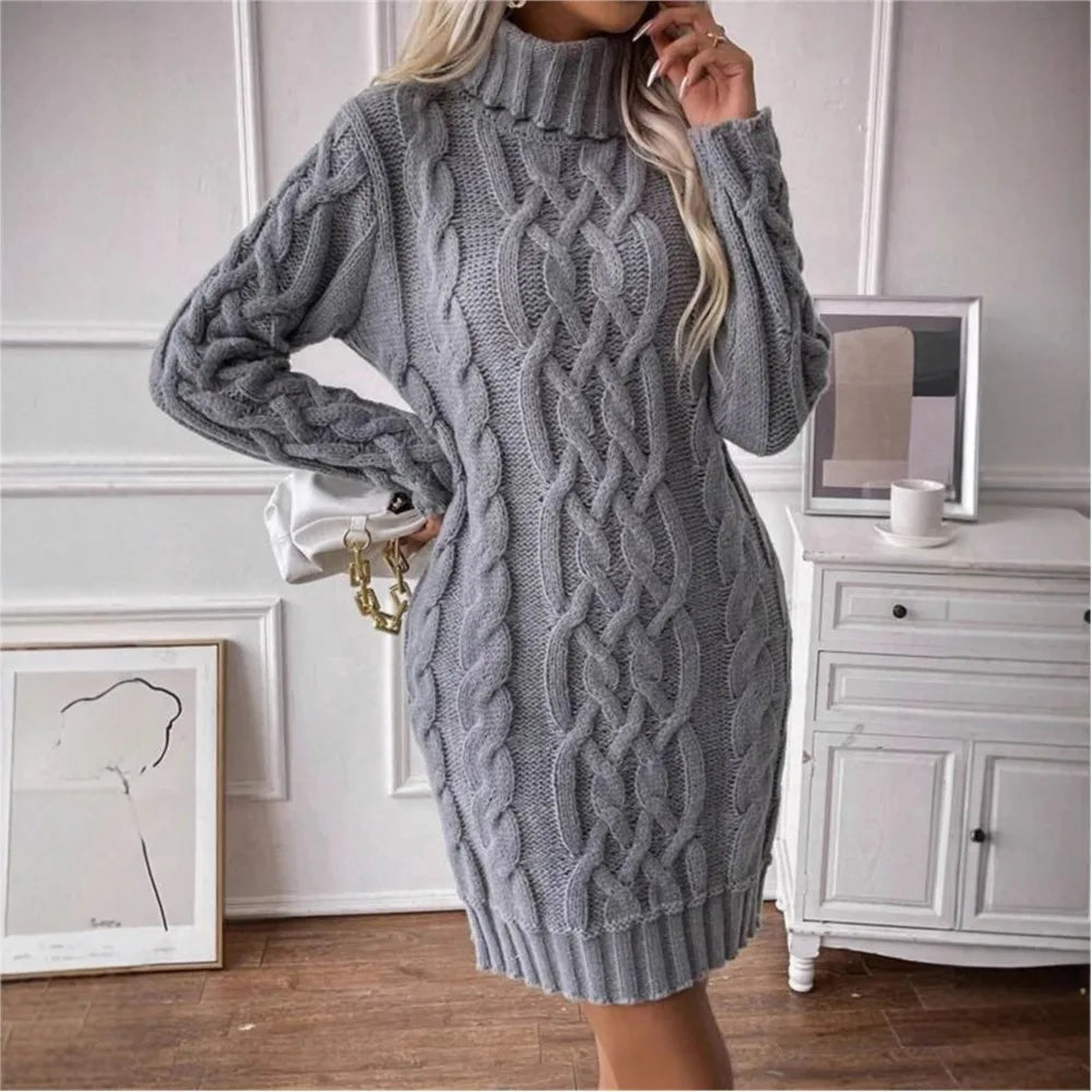 4 Colors UK Size Winter Warm Wool Clothes Woman Pulls Femmes High Neck Vestido Slim Fit Woolen Sweater Knitted Long Sleeve Dress All-Match Simple Style Commuting