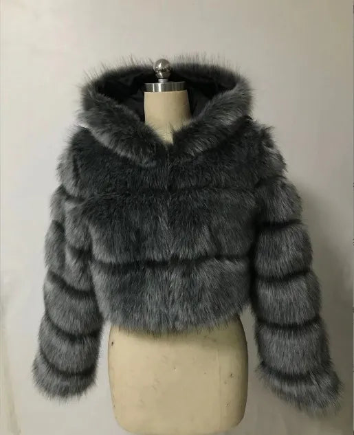 NEW Arrivals S-3XL Coffee/Dark Gray/Black Fashion Women Environmental Red Faux Fox Fur Coat with Hood Thick Warm Full Pelt Fake Fur Jacket Short Winter Woman Fur Coat Ladies Girls Luxury Fashion Clothing Supplies