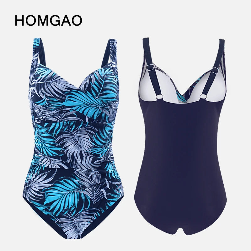 Blue Print Women One Piece Swimsuit Sexy Plus Size Push Up Bathing Suit Tummy Control Bodysuit Swimwear