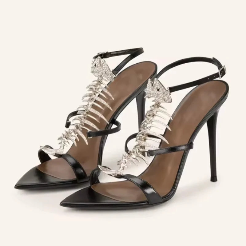 Just Arrived 4 Colors New Fishbone Rhinestones Luxury Sandals For Women Dance Evening Party Pointed Toe Stiletto Nightclub Wedding Banquet T-Strap Modern Sandals