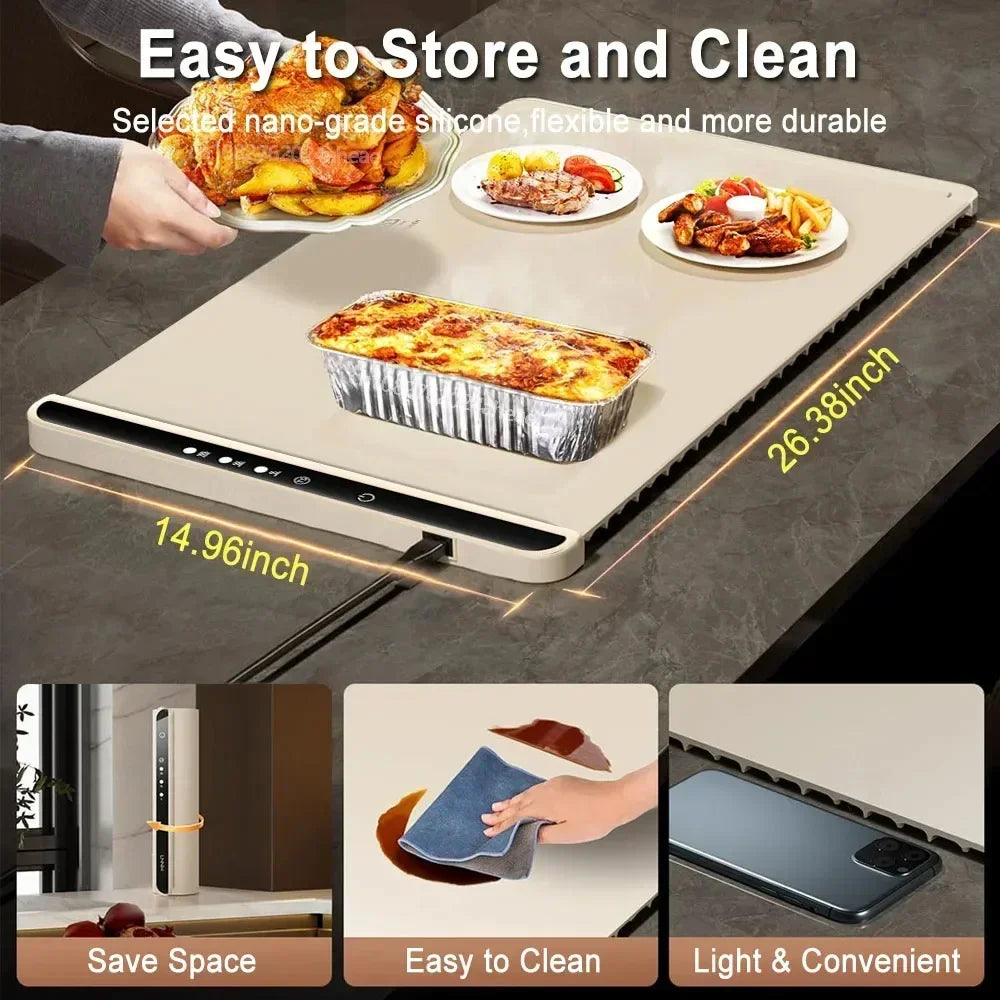 NEW Arrivals 43CM-67CM Electric Warming Tray Food Warmer EU Plug Mat Foldable Coffee Warming Pad for Food Portable Electric Warming Tray Silicone Warmer Plate Kitchen Accessories Home Supplies