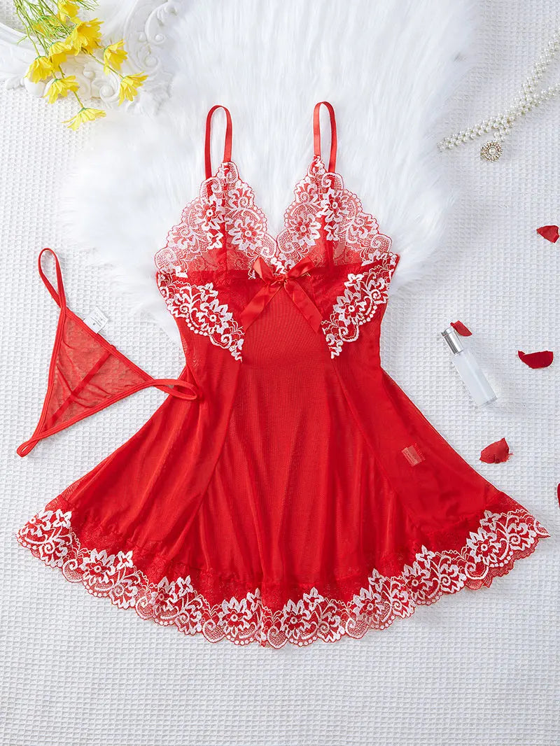 2 PCS Set S-2XL Plus Size Nightdress + Panty Pajamas Sets Women Underwear Lace See Through Sleepwear Sexy Lingerie Dress Female Sexy Nightwear For Night Party Sets