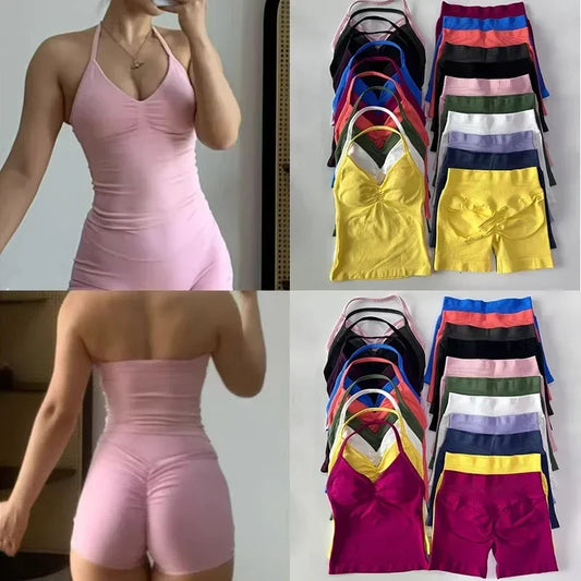 NEW Arrivals 2PCS Set 10 Colors Padded Sleeveless T-Shirt with Halter Collar  Hip Pants  Summer Sportswear Women Fitness Yoga Pilates Suit Outdoor Hiking Running Sports Clothes